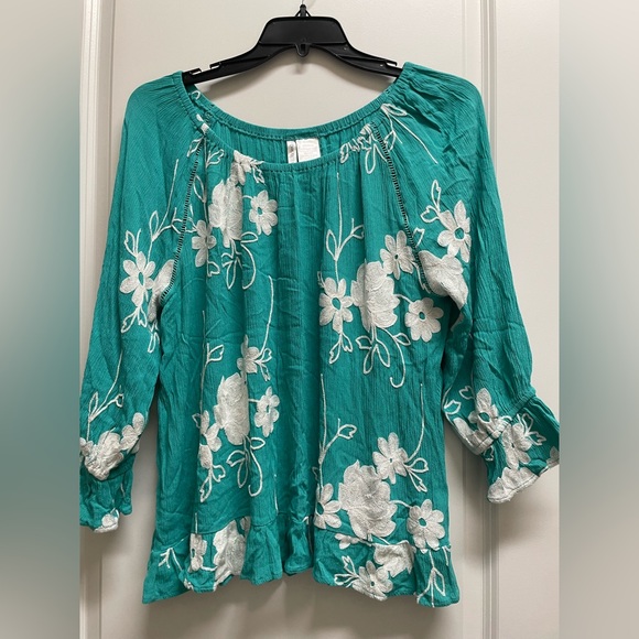 Forgotten Grace Tops - Elegant Teal Floral Blouse